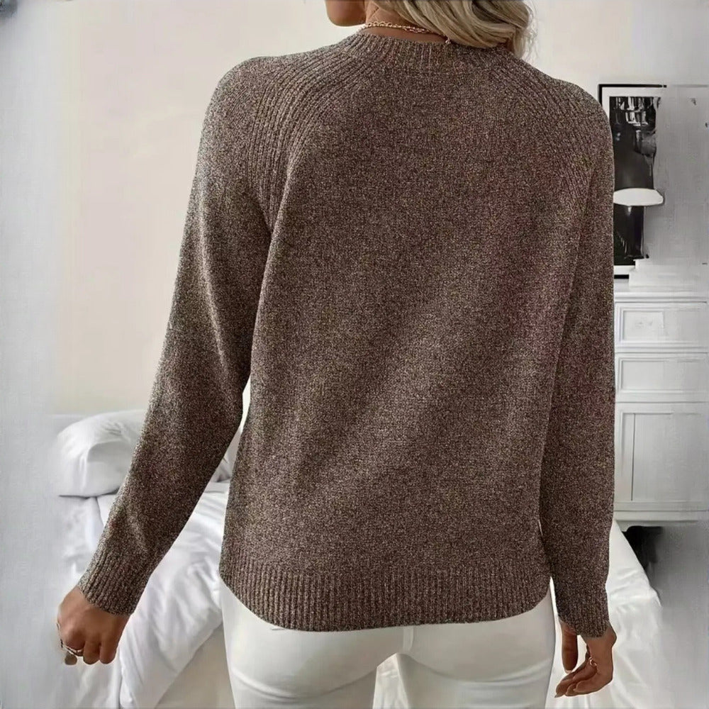 Women's Crew Neck Jumper with Pearl Button Detail - brown back