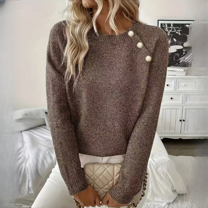 Women's Crew Neck Jumper with Pearl Button Detail - brown front