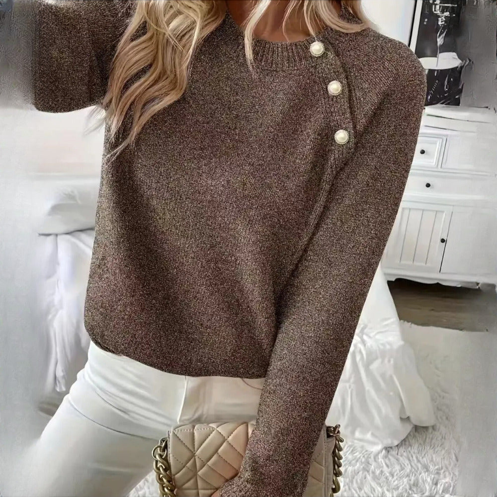 Women's Crew Neck Jumper with Pearl Button Detail - brown shoulder detail