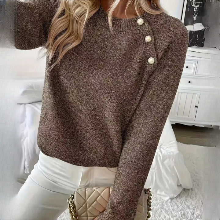 Women's Crew Neck Jumper with Pearl Button Detail - brown shoulder detail