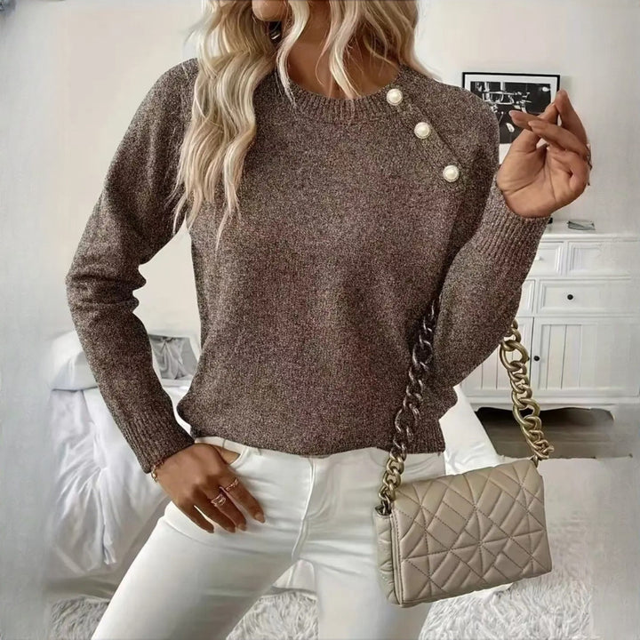 Women's Crew Neck Jumper with Pearl Button Detail - brown styled