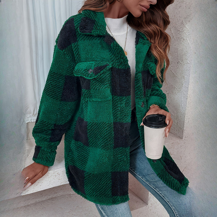 Women's plush check shacket in green check, worn on model