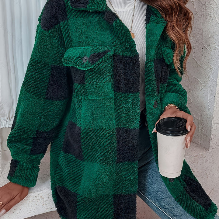 Women's plush check shacket in green check