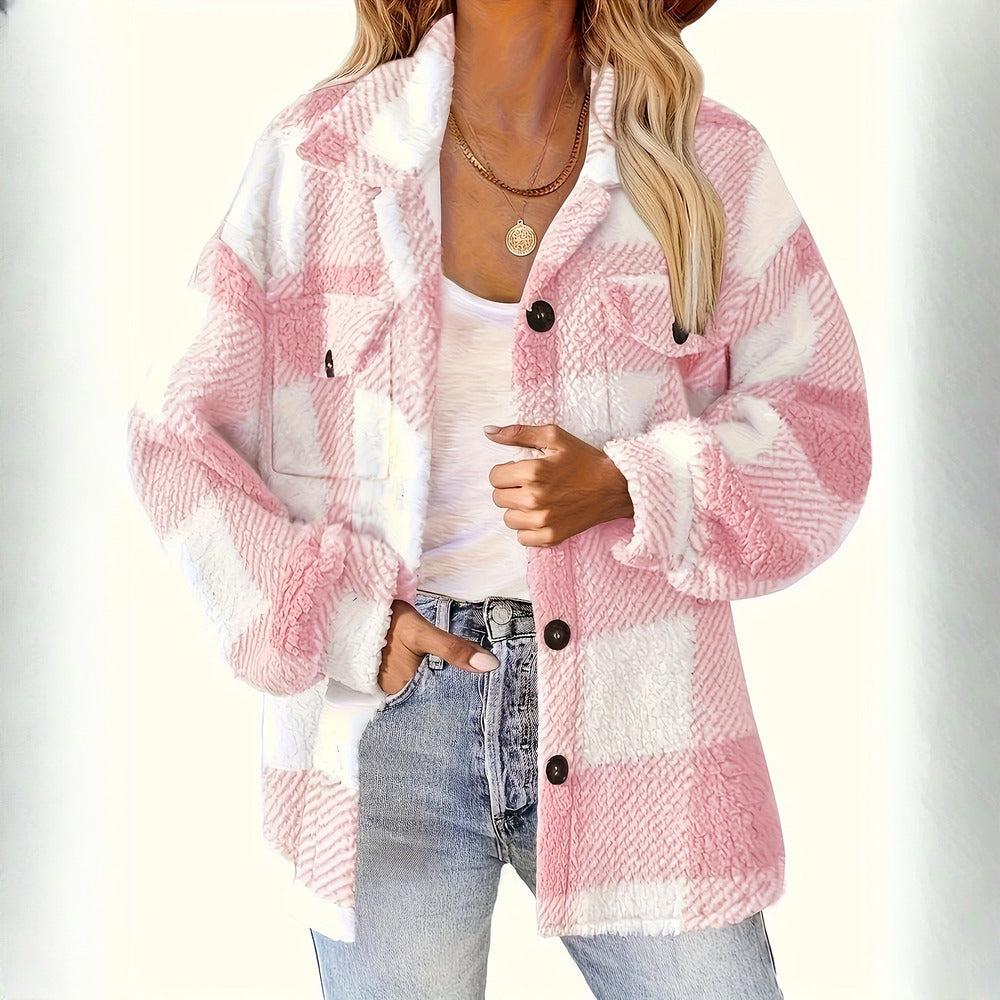 Women's plush check shacket in pink check, worn on model