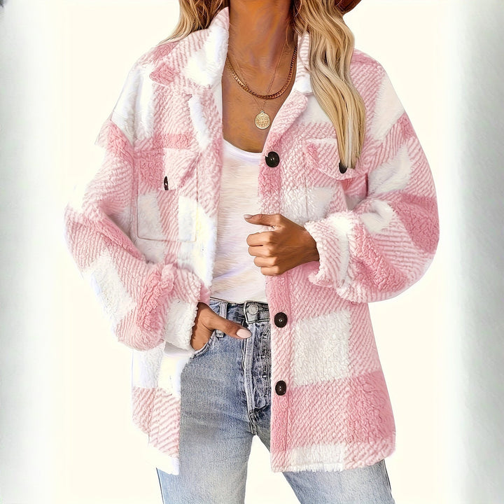 Women's plush check shacket in pink check, worn on model