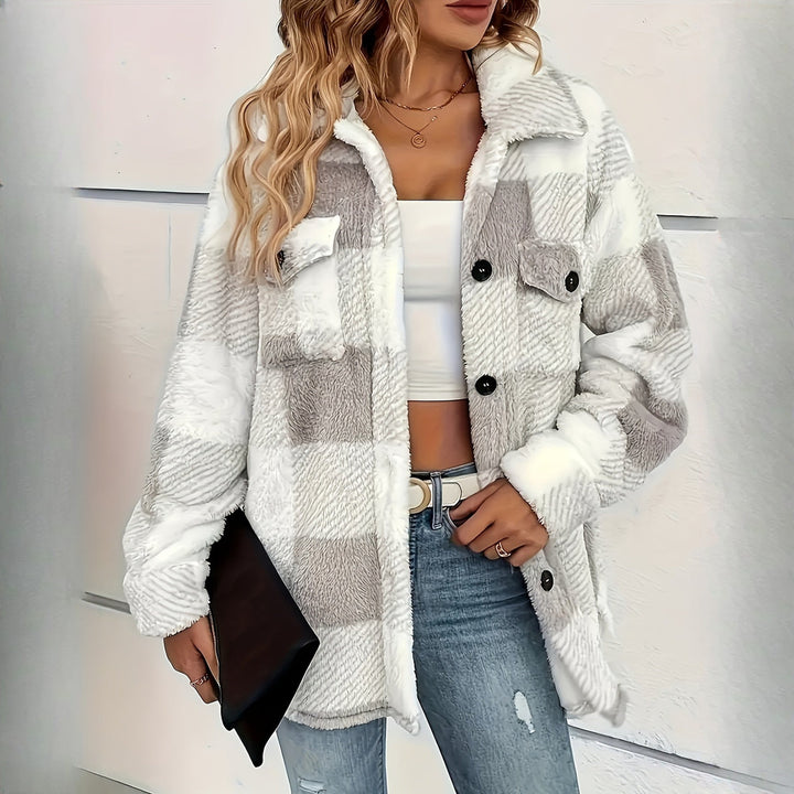 Women's plush check shacket in stone check, worn on model