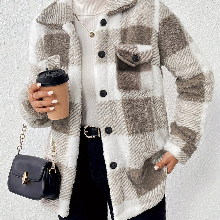 Women's plush check shacket in taupe check, fabric detail