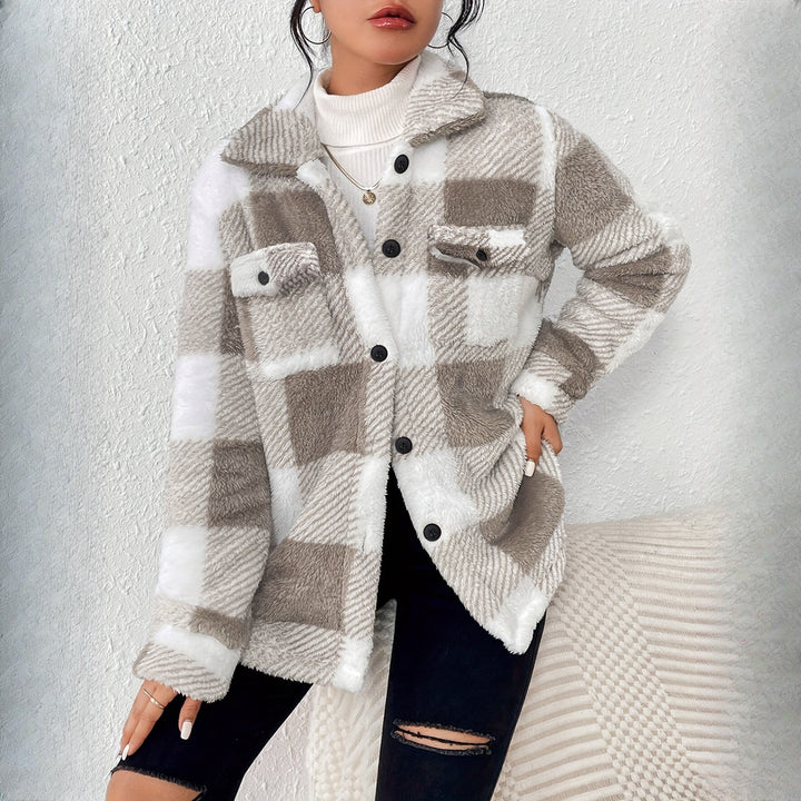Women's plush check shacket in taupe check, side view