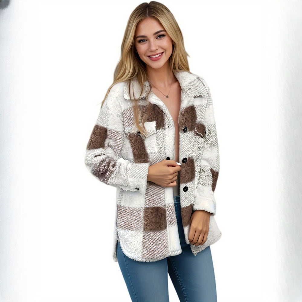 Women's plush check shacket in taupe check, styled look