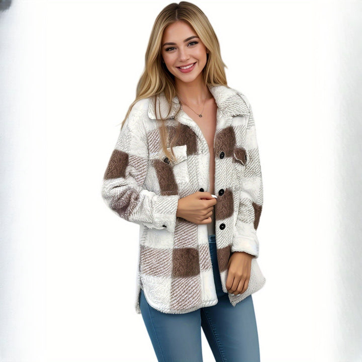 Women's plush check shacket in taupe check, styled look