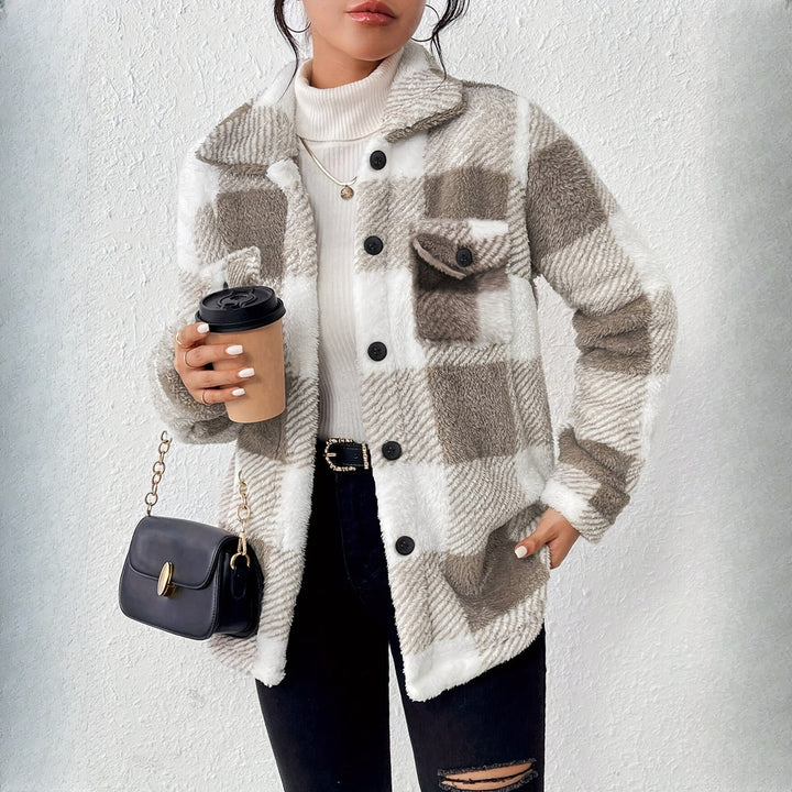Women's plush check shacket in taupe check, worn on model