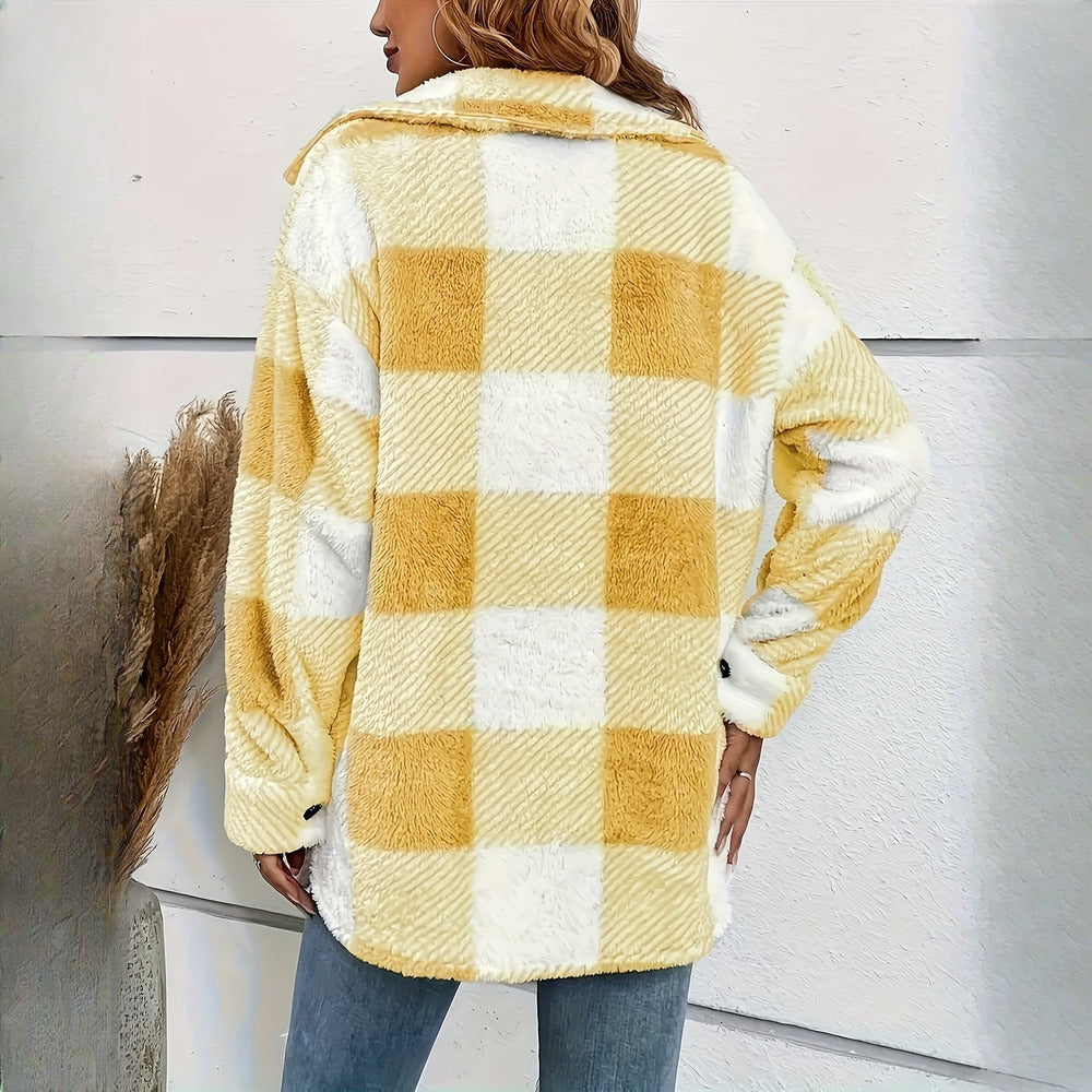 Women's plush check shacket in yellow check, back view