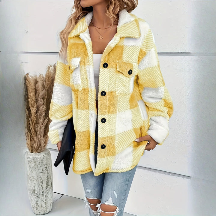 Women's plush check shacket in yellow check, worn on model