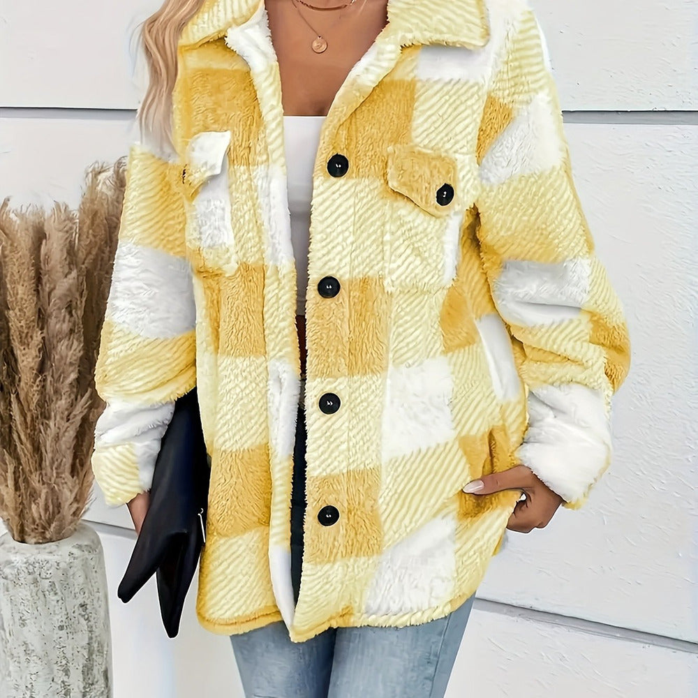 Women's plush check shacket in yellow check