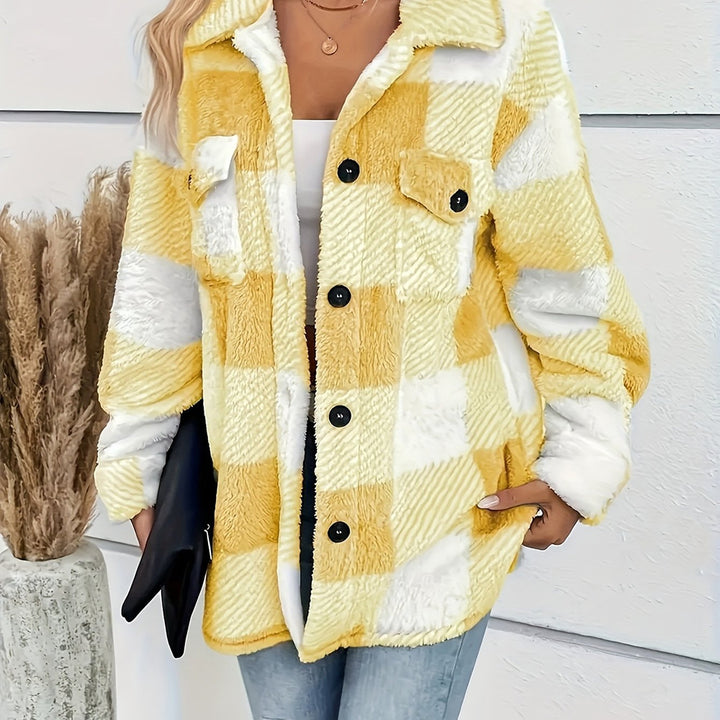 Women's plush check shacket in yellow check