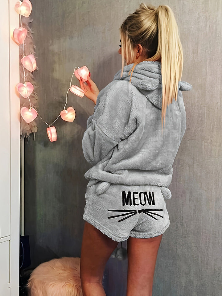 Women's plush hooded lounge set with cat ear hood and shorts