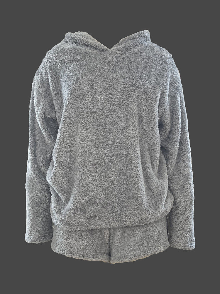 Women's plush hooded lounge set with cat ear hood and shorts