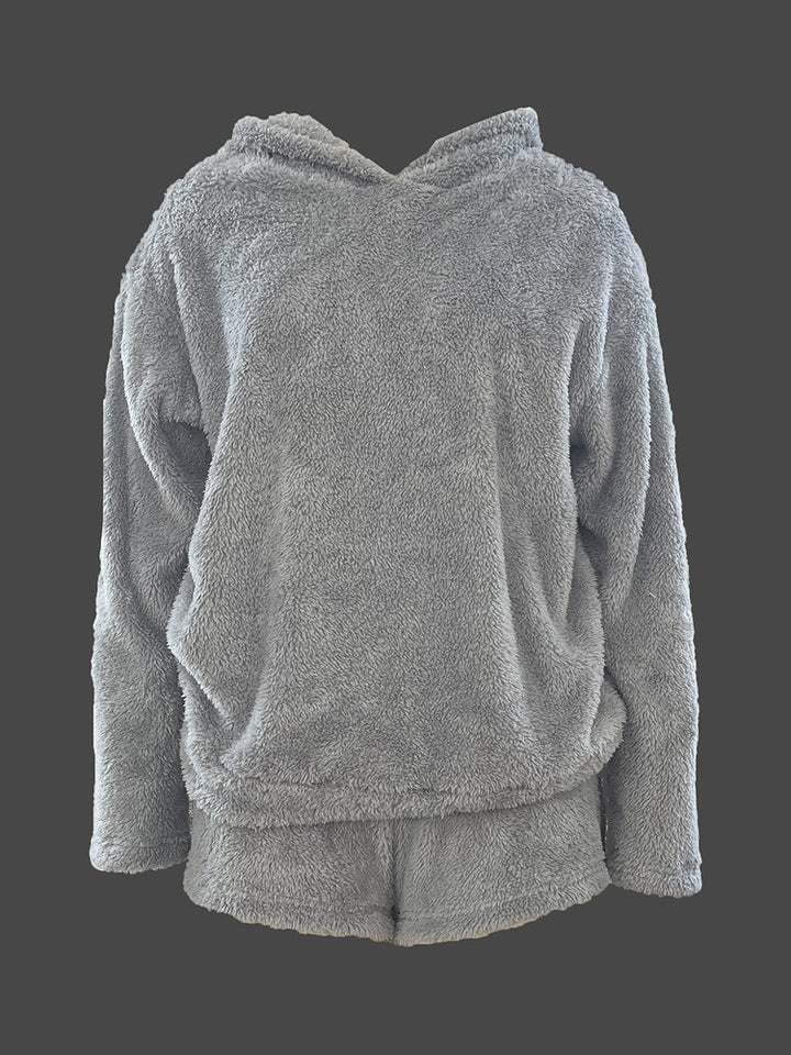 Women's plush hooded lounge set with cat ear hood and shorts