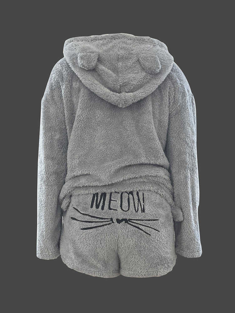 Women's plush hooded lounge set with cat ear hood and shorts