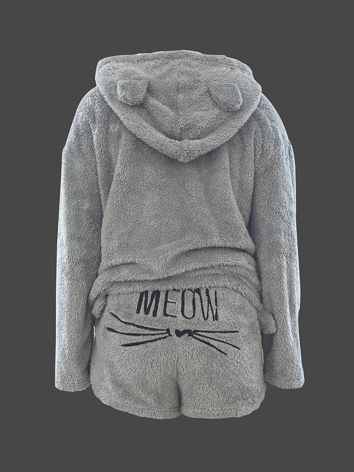 Women's plush hooded lounge set with cat ear hood and shorts