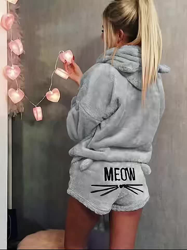 Women's plush hooded lounge set with cat ear hood and shorts