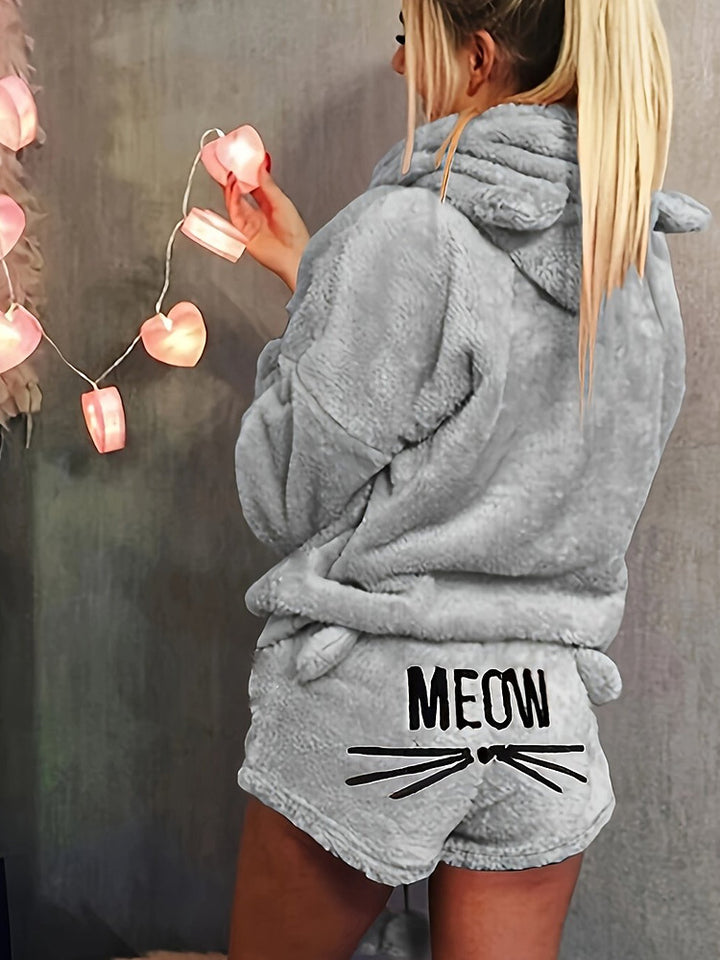Women's plush hooded lounge set with cat ear hood and shorts