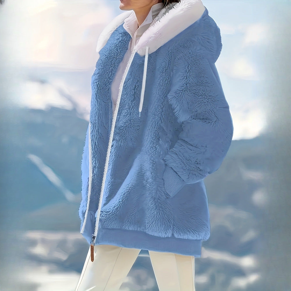 Women's reversible plush hooded zip jacket in blue, side view
