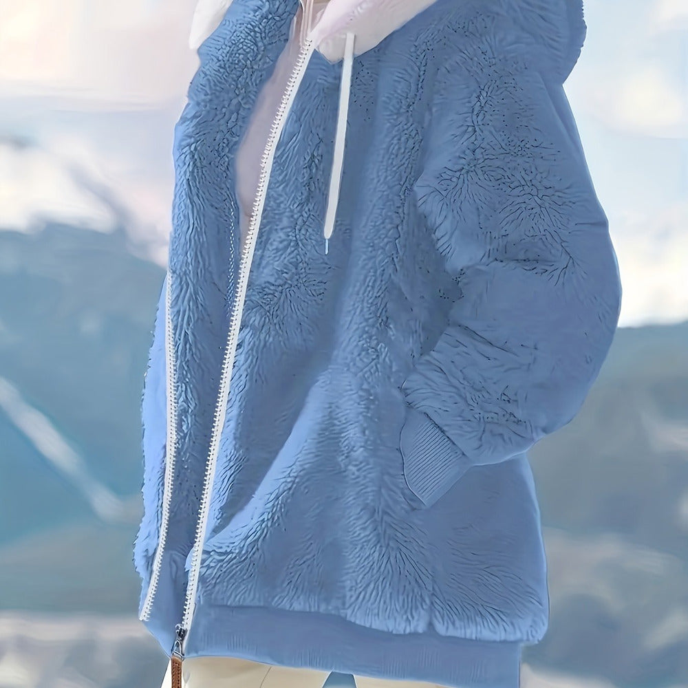 Women's reversible plush hooded zip jacket in blue