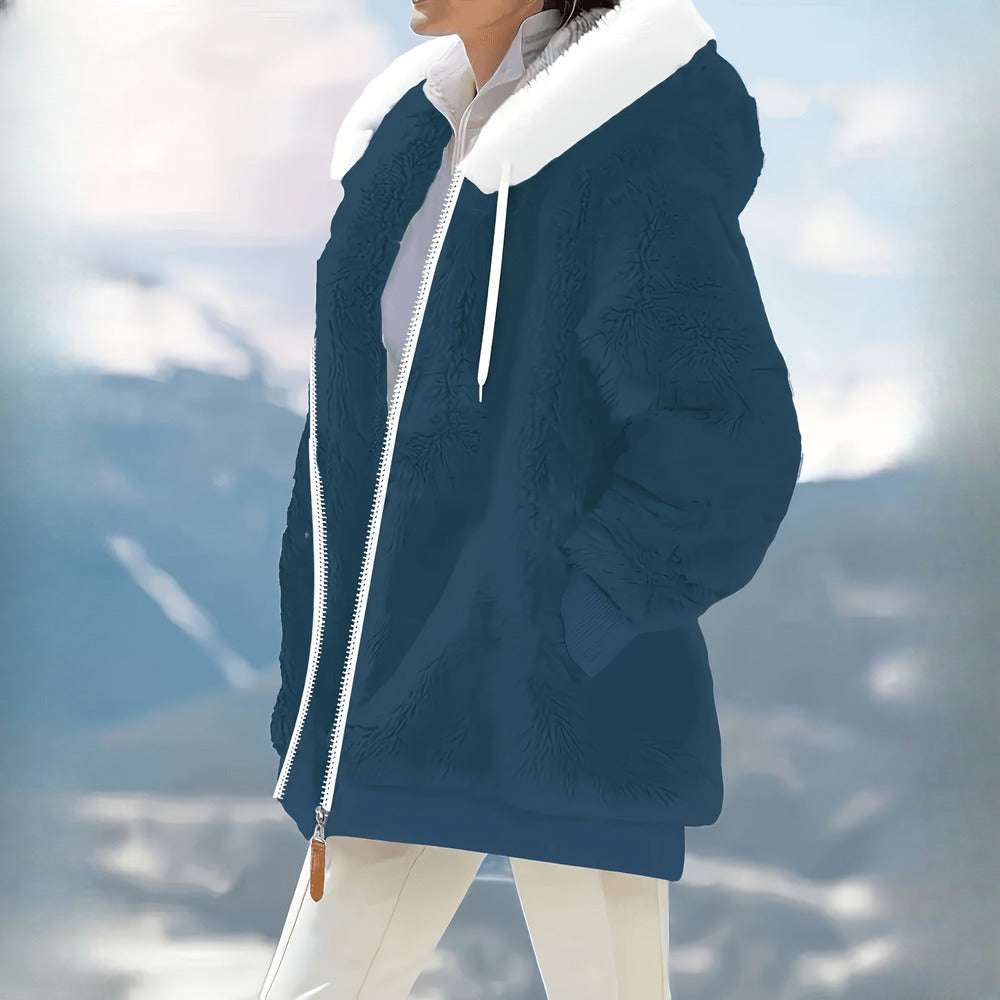 Women's reversible plush hooded zip jacket in navy, side view