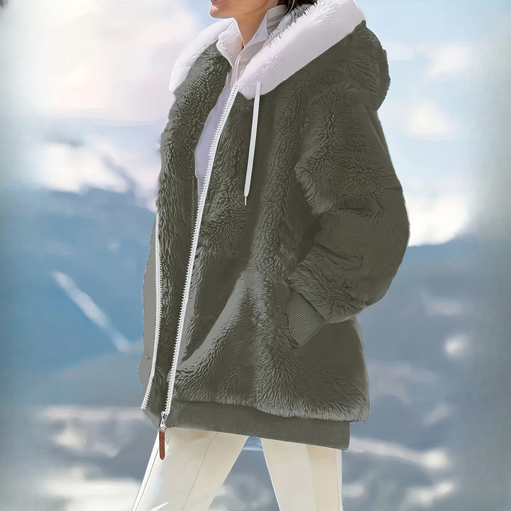 Women's reversible plush hooded zip jacket in olive green, side view
