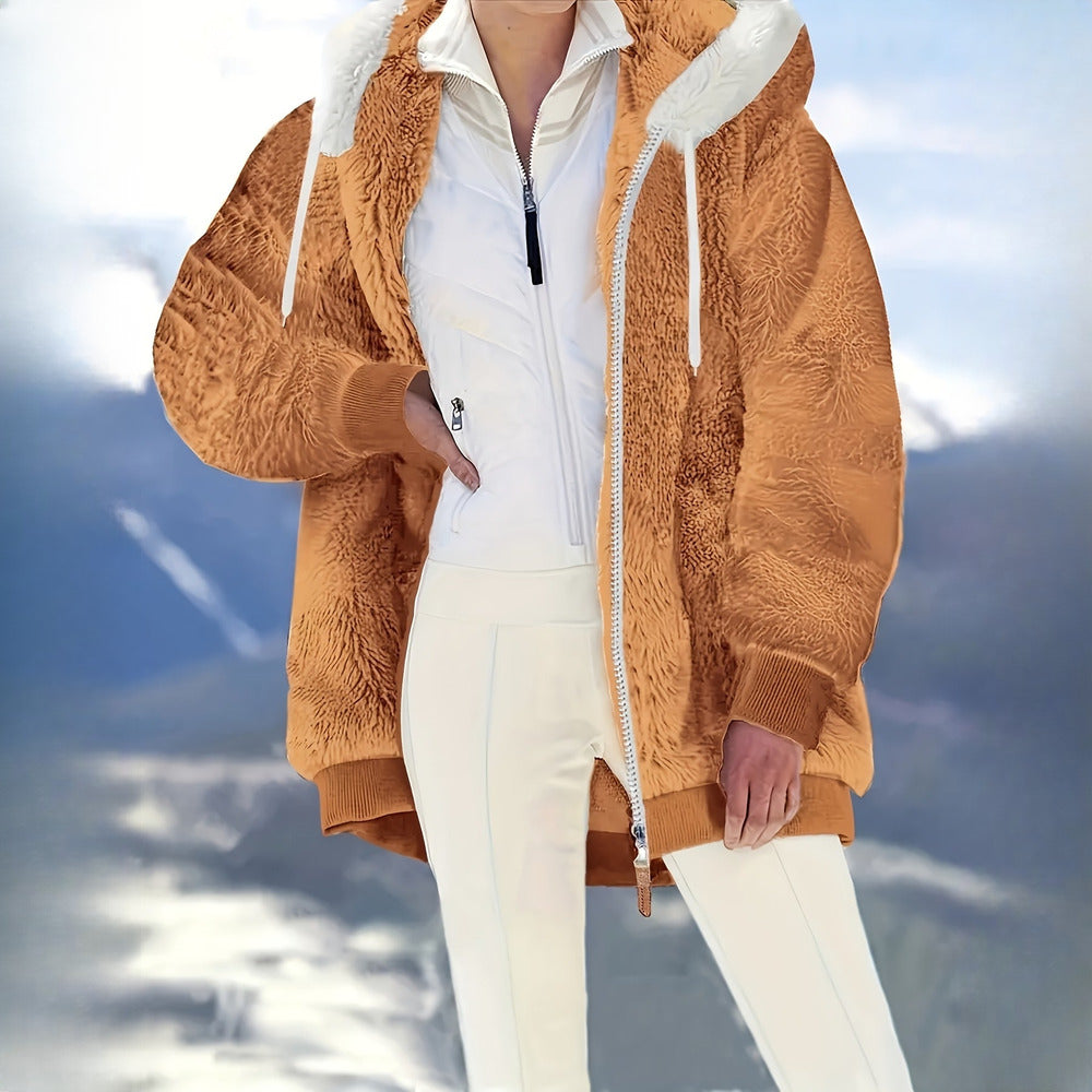 Women's reversible plush hooded zip jacket in rust, shown open