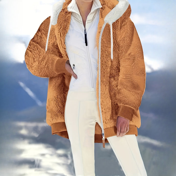 Women's reversible plush hooded zip jacket in rust, shown open