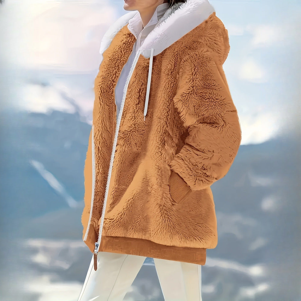 Women's reversible plush hooded zip jacket in rust, side view