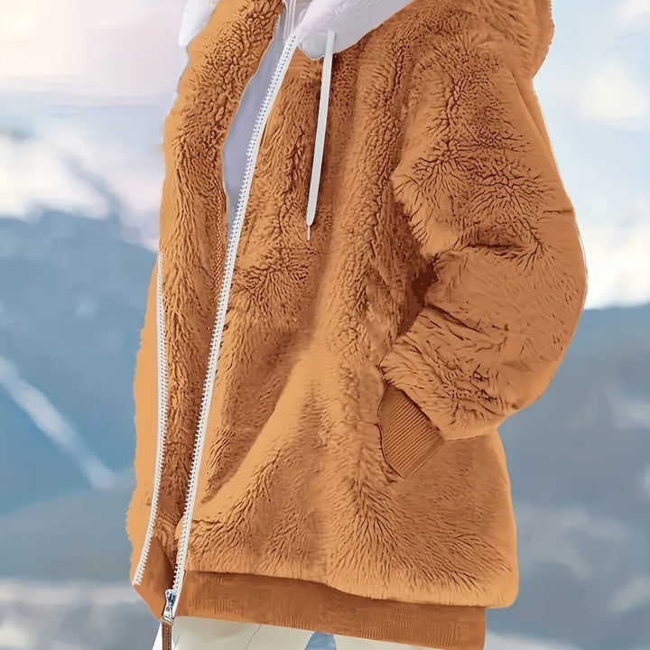 Women's reversible plush hooded zip jacket in rust