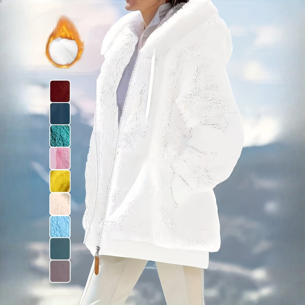 Women's reversible plush hooded zip jacket in white, side view