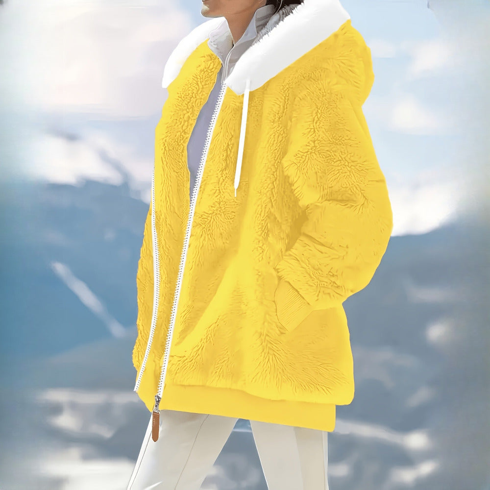 Women's reversible plush hooded zip jacket in yellow, side view