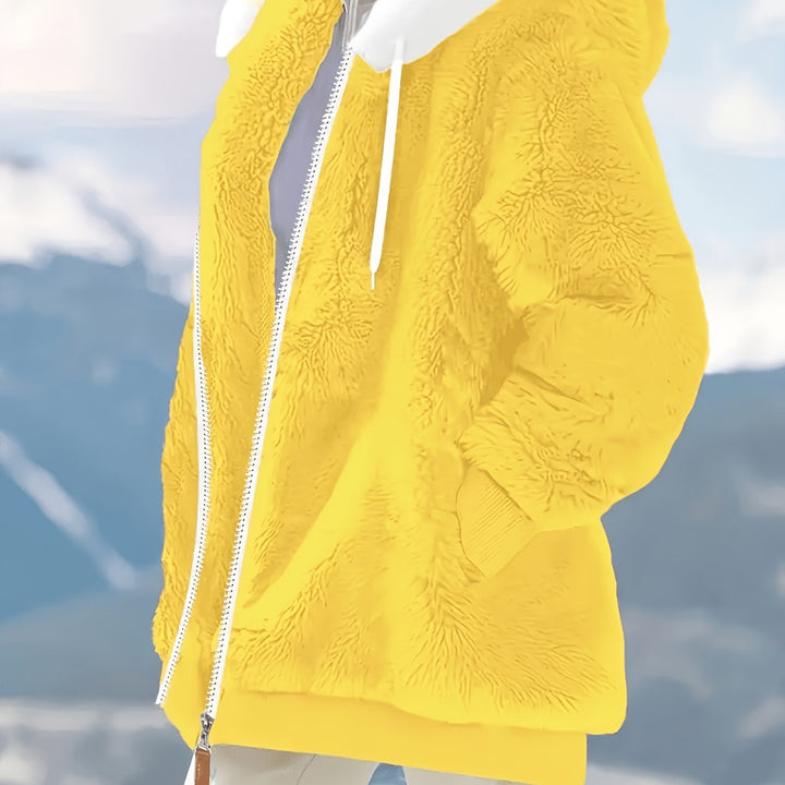 Women's reversible plush hooded zip jacket in yellow
