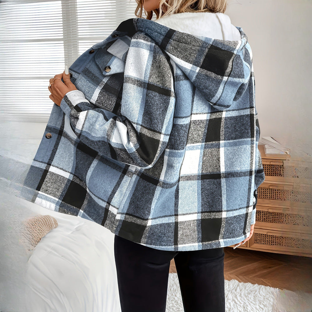 Women's plush-lined check shirt jacket in blue, hood view