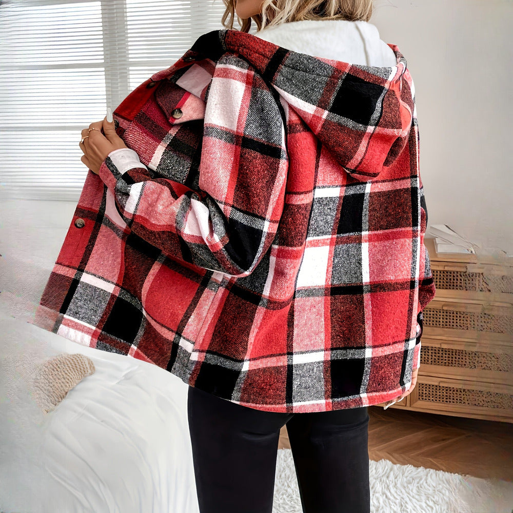 Women's plush-lined check shirt jacket in brick red, hood view