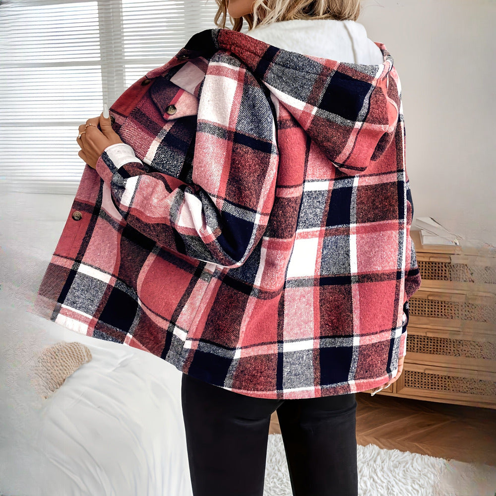 Women's plush-lined check shirt jacket in bright red, hood view