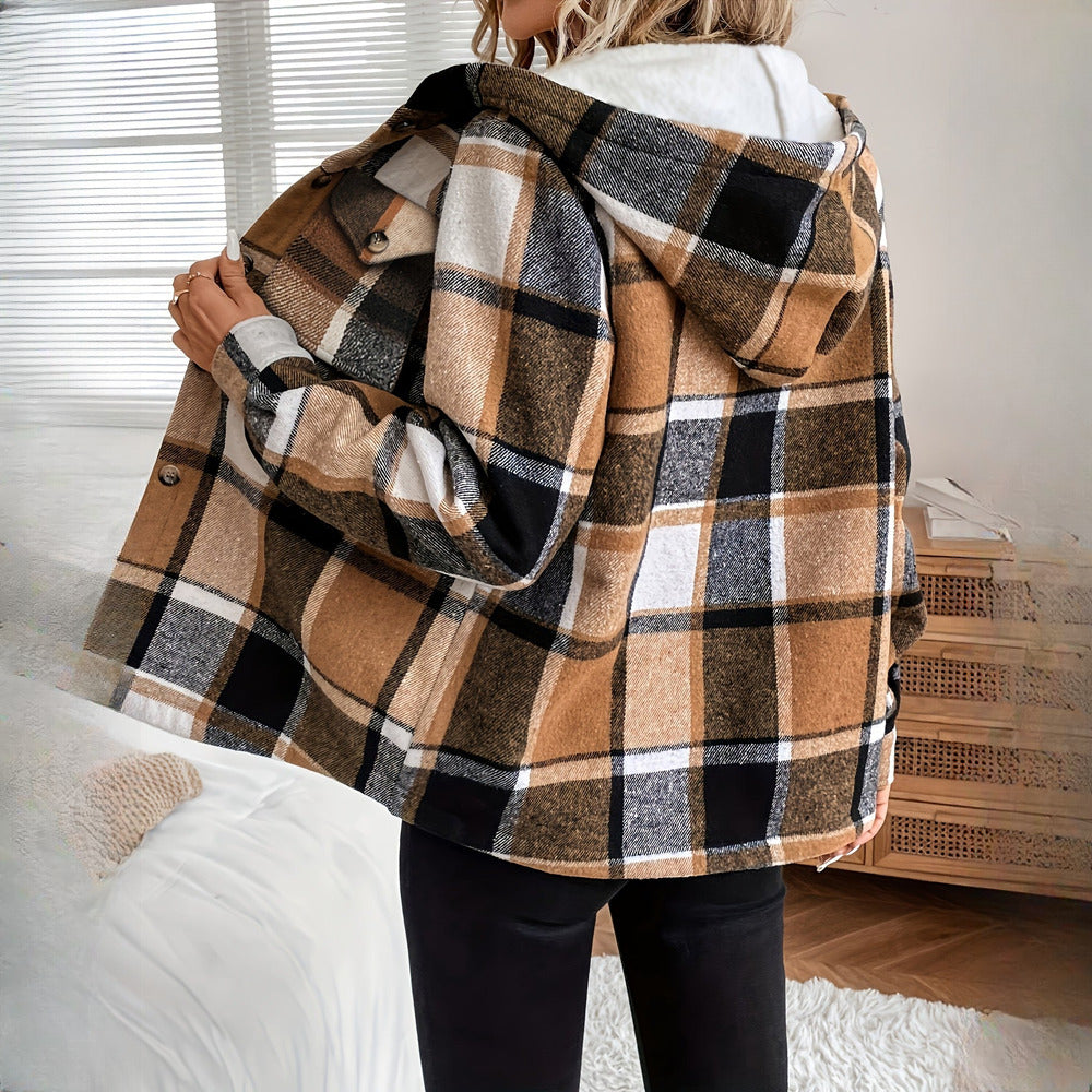 Women's plush-lined check shirt jacket in khaki, hood view