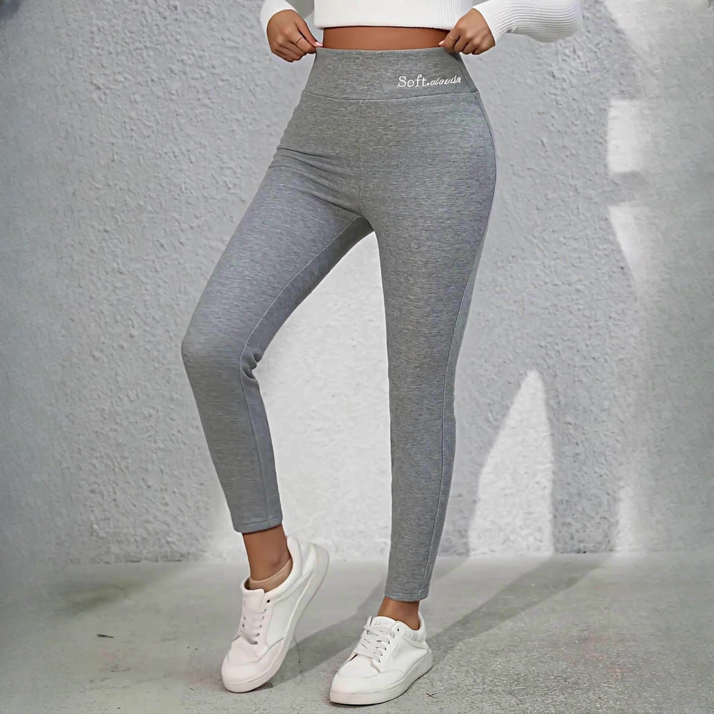 Women's plush-lined shaping leggings in grey, styled look