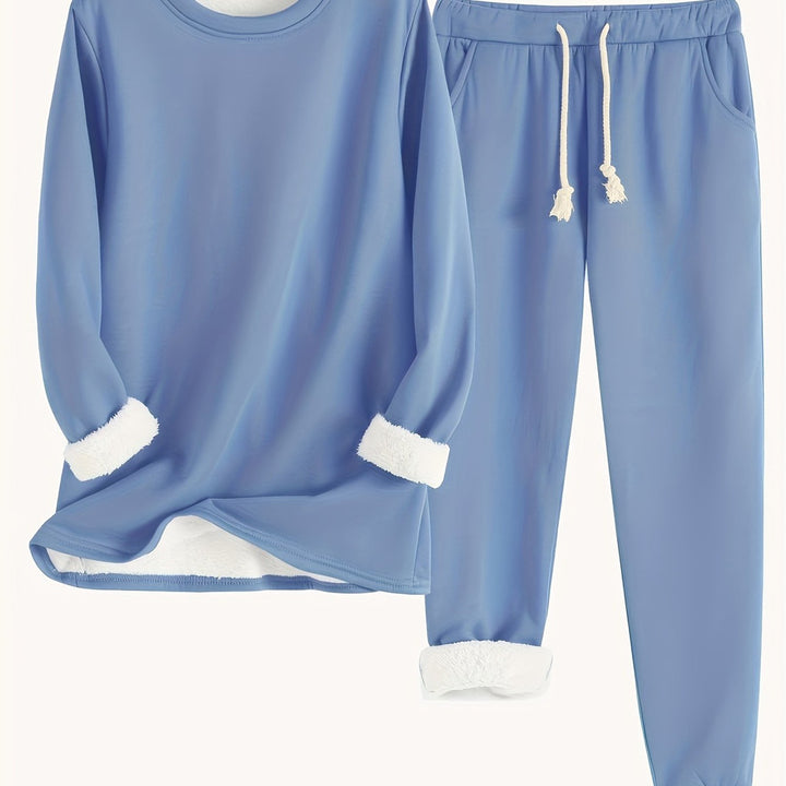 Women's plush-lined sweatshirt and jogger set in blue