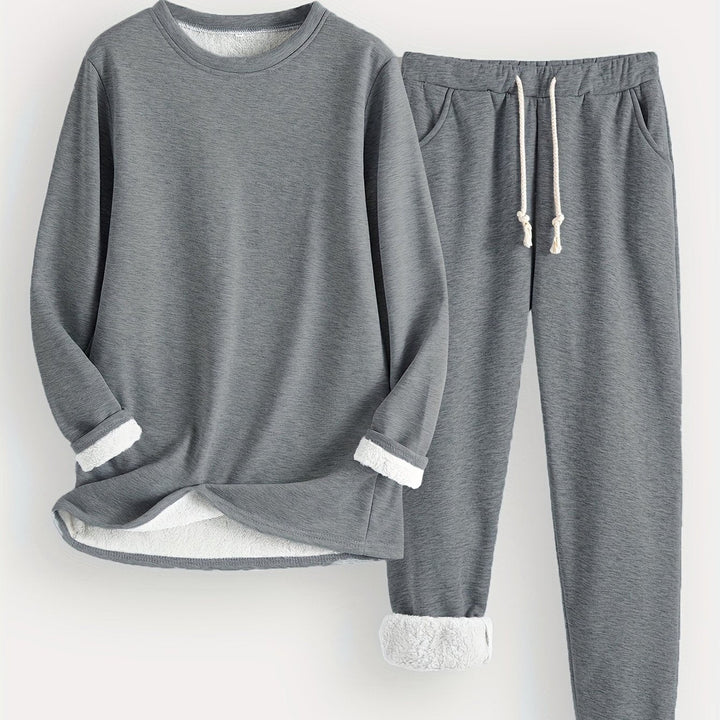 Women's plush-lined sweatshirt and jogger set in dark grey