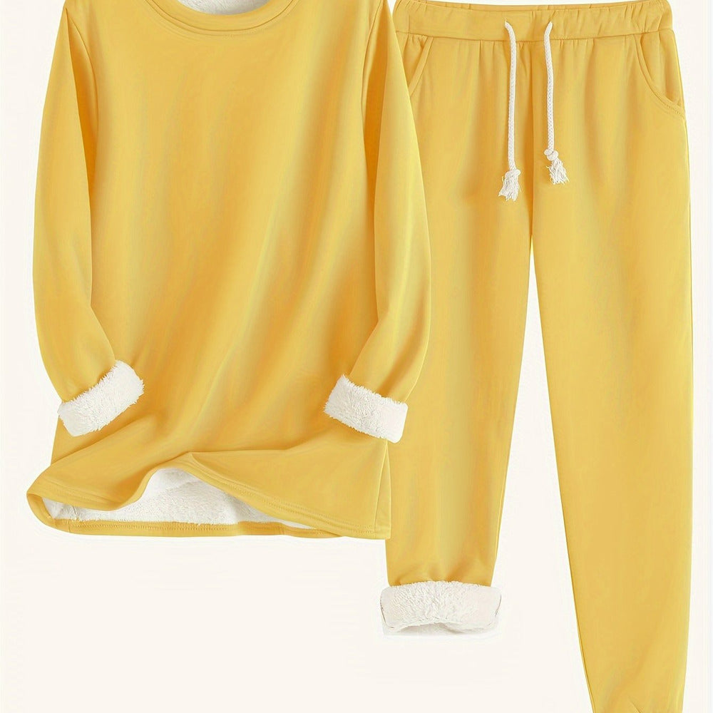 Women's plush-lined sweatshirt and jogger set in yellow