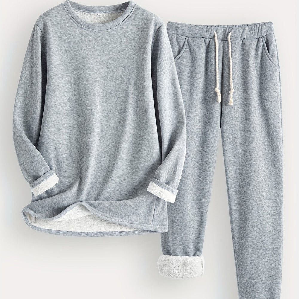 Women's plush-lined sweatshirt and jogger set in light grey