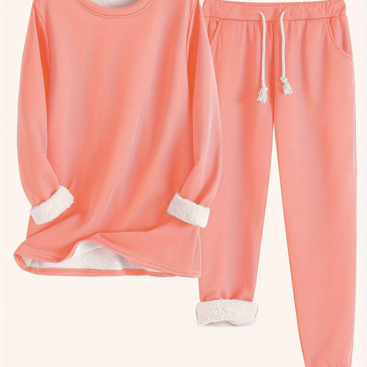 Women's plush-lined sweatshirt and jogger set in watermelon red
