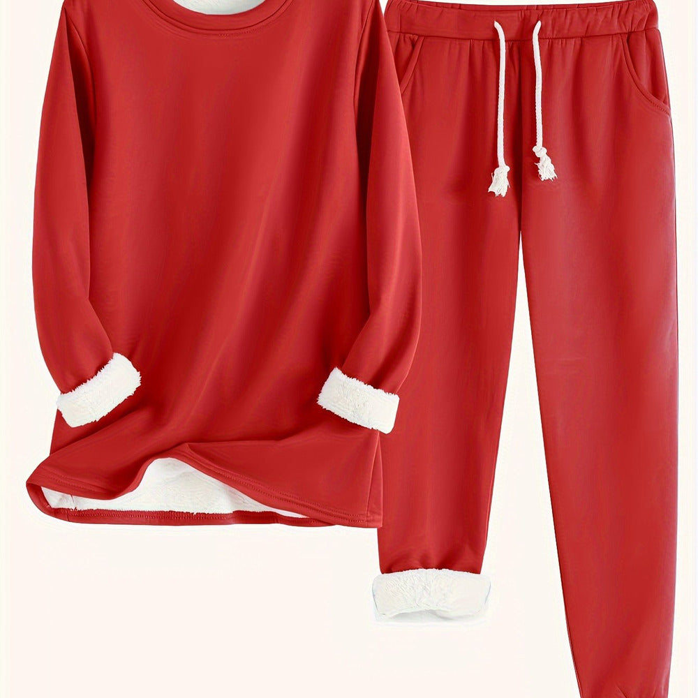 Women's plush-lined sweatshirt and jogger set in red
