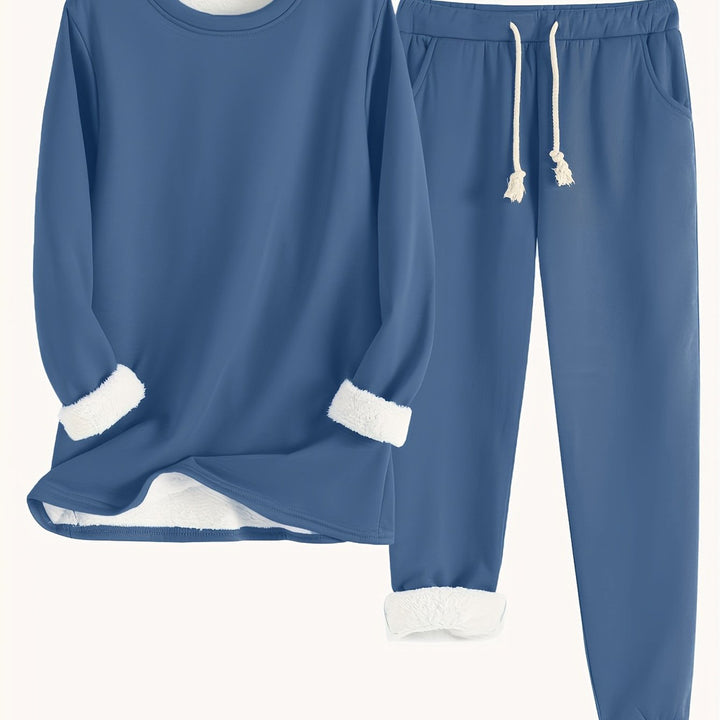 Women's plush-lined sweatshirt and jogger set in navy blue