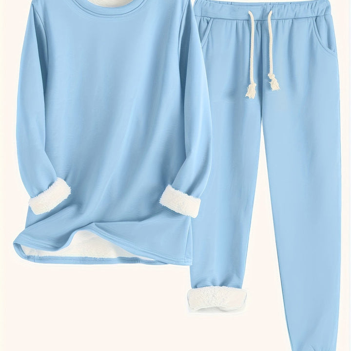 Women's plush-lined sweatshirt and jogger set in sky blue